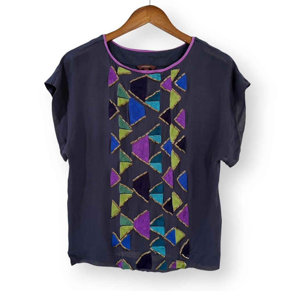 Ranna Gill Anthropologie Gray Beaded Embroidered Geometric Print Blouse Size S